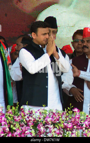 Allahabad, India. 2nd March, 2014.  Uttar Pradesh Chief Minister Akhilesh Yadav during 'Desh Bachao Desh Banao Maha rally' in Allahabad. As part of the party’s political campaign for the upcoming general elections later this year. Credit: Prabhat Kumar Verma/Pacific Press/Alamy Live News Stock Photo