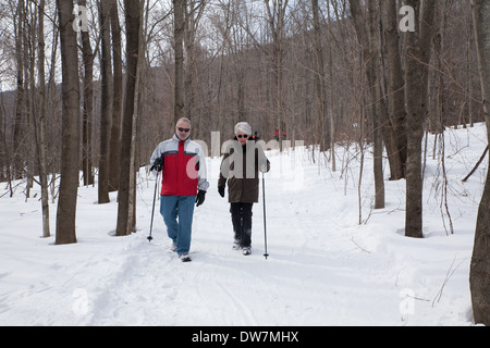 Winter hikers walk along a snow-covered trail on Mount Greylock, Adams, MA. Stock Photo