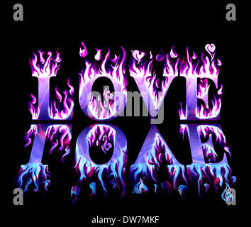 Word love in flames in blue and purple, with reflection on black background Stock Photo
