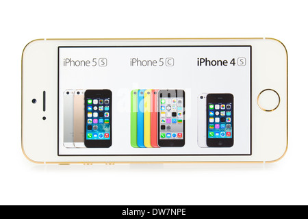 iPhone 5S, White Gold Champagne Color, with selection of iPhones 5S 5C and 4S on screen, iPhone 5 S Stock Photo