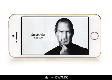 Steve Jobs image on iPhone 5S screen, iPhone 5 S White Gold Stock Photo