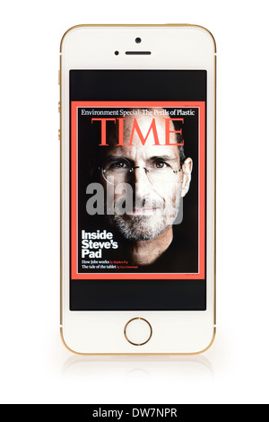 Steve Jobs on cover of Time magazine, on iPhone 5S screen, iPhone 5 S White Gold Stock Photo
