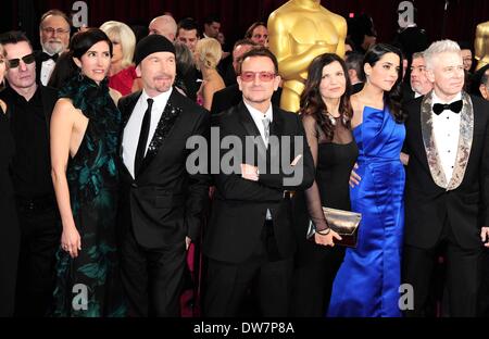 Los Angeles, CA. 2nd Mar, 2014. The Edge, Bono, Larry Mullen Jr., Adam Clayton, bandmembers from U2 at arrivals for The 86th Annual Academy Awards - Arrivals 2 - Oscars 2014, The Dolby Theatre at Hollywood and Highland Center, Los Angeles, CA March 2, 2014. Credit:  Gregorio Binuya/Everett Collection/Alamy Live News Stock Photo
