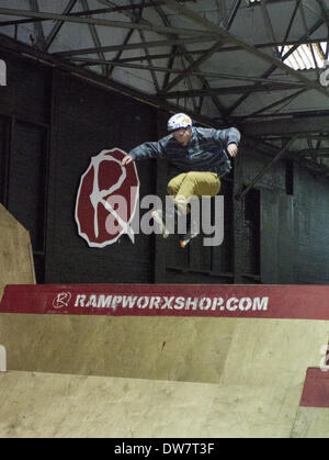 Rampworx Skatepark, Liverpool, Merseyside, UK. 1st March, 2014.  Laced series rollerblading contest Stock Photo