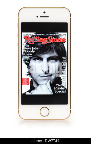Steve Jobs on Cover of Rolling Stone magazine, on iPhone 5S screen, iPhone 5 S Stock Photo