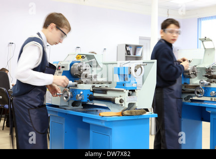 Vocational education male high school students take training in turner /Vocational Education Centre, Tambov, Russia Stock Photo