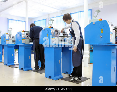 Vocational education male high school students take training in turner /Vocational Education Centre, Tambov, Russia Stock Photo