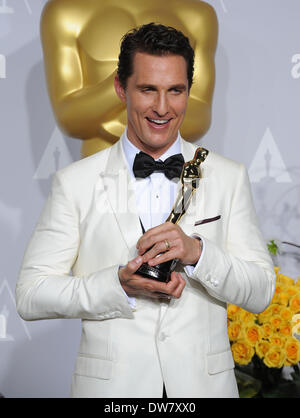 Hollywood, California, USA. 2nd Mar, 2014. Matthew McConaughey arrives in the press room at the 86th Annual Academy Awards held at the Dolby Theatre. Credit:  Lisa O'Connor/ZUMAPRESS.com/Alamy Live News Stock Photo