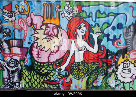 Graffiti with Neptune and mermaid on a container in Rotterdam, Holland, Netherlands. Stock Photo
