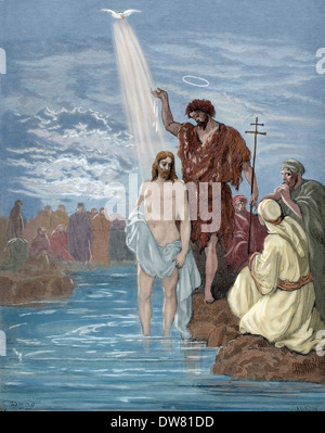 New Testament. Gospel of Matthew. Chapter III. Baptism of Jesus. Gustave Dore's drawing. Engraving by Ligny. Colored. Stock Photo