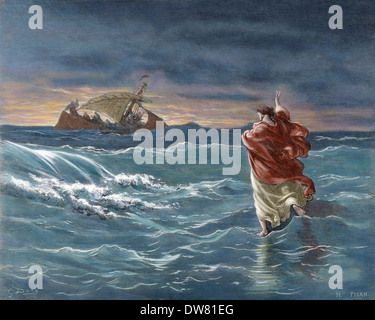 New Testament. Gospel of Matthew. Chapter XIV. Jesus walks on the water of the Sea of Galilee. Engraving. Stock Photo