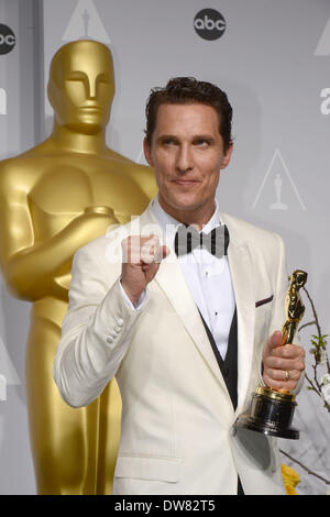 Los Angeles, USA. 2nd Mar, 2014. Actor Matthew McConaughey celebrates winning Best Actor in a Leading Role award for 'Dallas Buyers Club' during the Oscars at the Dolby Theater in Los Angeles, the United States, on March 2, 2014. Credit:  Yang Lei/Xinhua/Alamy Live News Stock Photo