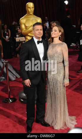 Los Angeles, USA. 2nd Mar, 2014. Brad Pitt (L) and Angelina Jolie arrive at the red carpet for the 2014 Oscars at the Dolby Theatre in Hollywood, California, the United States, March 2, 2014. Credit:  Yang Lei/Xinhua/Alamy Live News Stock Photo