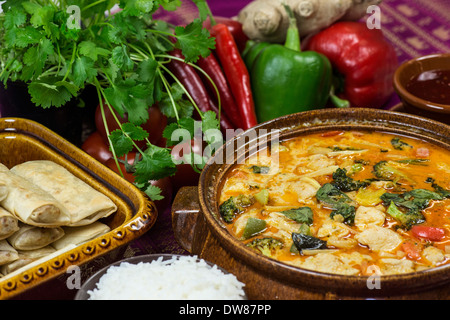 Bowl of panang curry stew surrounded with vegetables and spices Stock Photo