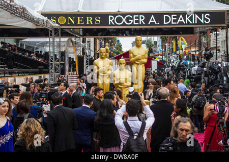 Los Angeles, CA, USA. 3rd March, 2014. Media members crowd in the red carpet arrival area in the Dolby Theatre before the 86th Academy Awards in Los Angeles, the United States, March 2, 2014. Credit:  Xinhua/Alamy Live News Stock Photo
