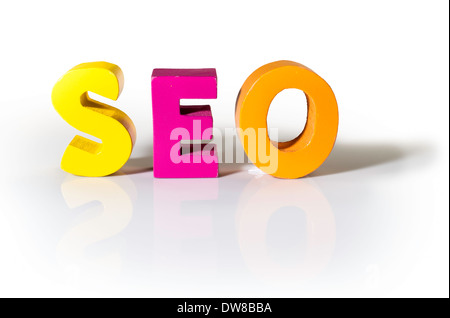Multicolored text seo made of wood. White background Stock Photo