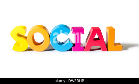 Multicolored text social made of wood. White background Stock Photo