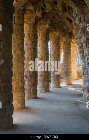 Colonnade of the Lovers Viaduct (Viaducte dels Enamorats) of the Park Guell, Barcelona, Catalonia. Stock Photo