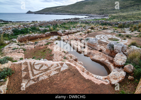 A mosaic floor at the site of the ancient town of ancient Tainaron at Cape Tenaro in the deep Mani, Peloponnese, Greece Stock Photo