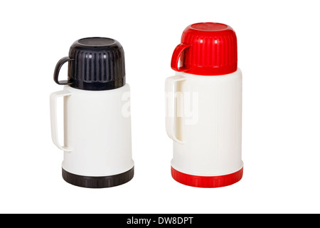 small and large thermos on white background Stock Photo