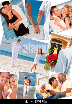 happy, romantic, interracial mixed race couples enjoying relaxing lifestyle, beach embracing, holding hands, drinking in love Stock Photo