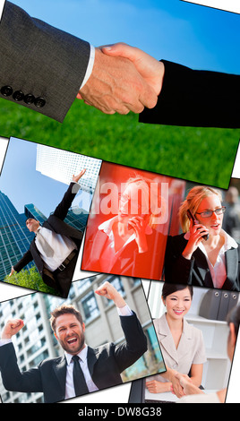 Successful business men & women businessmen, businesswomen using mobile cell phone, meetings making deals & celebrating success Stock Photo