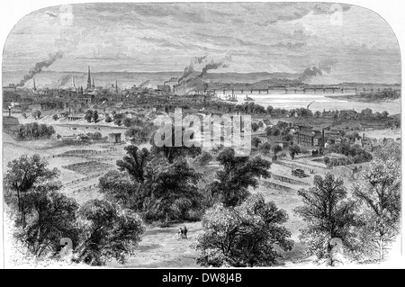 An engraving entitled 'Louisville from the Blind Asylum' scanned at high resolution from a book published in 1874. Believed copyright free. Stock Photo