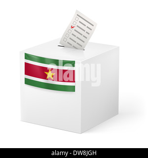 Election in Suriname: ballot box with voting paper on white background Stock Photo