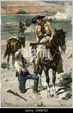 US Army scouts tracking Native American warriors on the western frontier, 1880s. Hand-colored woodcut Stock Photo