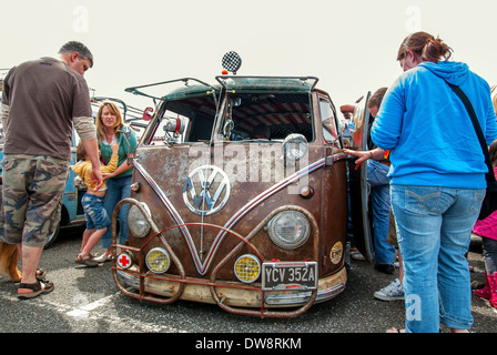 a " grunged " VW campervan at the " run to the sun " volkswagen jamboree in Newquay, Cornwall, uk Stock Photo