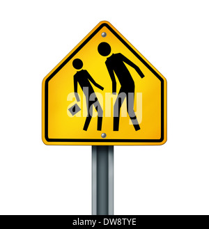 Bullying concept as a yellow traffic sign with an abusive bully attacking a smaller defenseless person as a symbol of the anxiety of being bullied and the social issues of human psychological abuse and fear isolated on white. Stock Photo