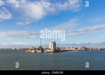 Panoramic view of Southampton Docks on the Solent, Hampshire, UK with blue sky and clouds on a sunny day Stock Photo