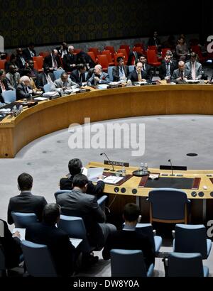 United Nations, New York, NY, USA. 3rd March, 2014.  Officials (down) of Ukrainian Mission to the United Nations attend a Security Council meeting on the situation in Ukraine, which is the third one since Friday, at the UN headquarters in New York, on March 3, 2014. Credit:  Xinhua/Alamy Live News Stock Photo