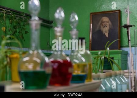 Portrait of Well-known russian scientist and professor Dmitry Mendeleev in chemictry laboratory of Barnaul Textile Plant Stock Photo