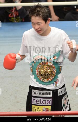 Tokyo, Japan. 3rd Mar, 2014. Momo Koseki (JPN) Boxing : Momo Koseki of Japan celebrates her bvictory during the WBC atomweight women's boxing title bout in Tokyo, Japan . Credit:  Hiroaki Yamaguchi/AFLO/Alamy Live News Stock Photo