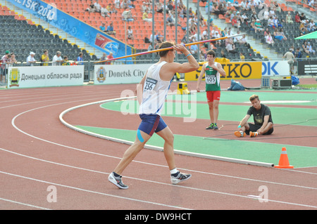 Pablo Bugall takes part in javelin throw during the 2013 IAAF World Junior Championships on July 12-14, 2013 in Donetsk, Ukraine Stock Photo