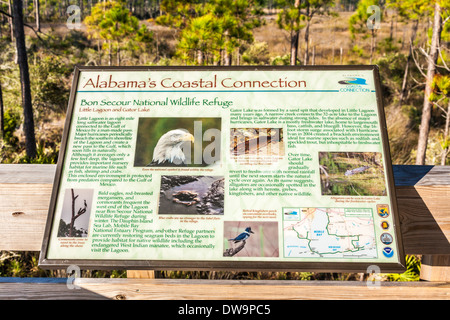 Sign in Bon Secour National Wildlife Refuge informs visitors of animals they may see along the Pine Beach Trail in Gulf Shores Stock Photo