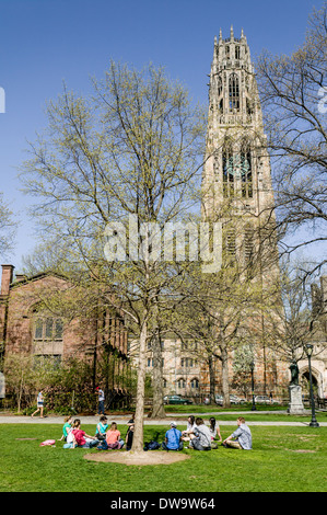 Class outside on quadrangle under Harkness Tower. Yale University, New Haven, Connecticut, USA Stock Photo