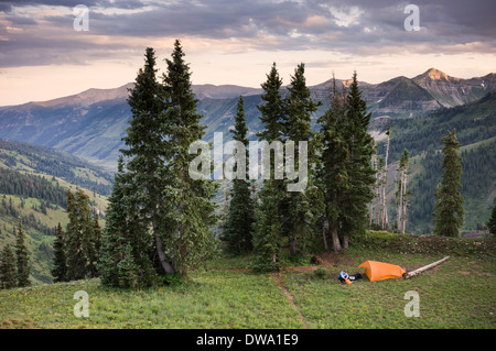 Woman camping near Paradise Divide, Indian Peaks Wilderness, Colorado, USA Stock Photo