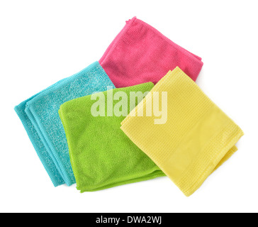 Set of colorful microfiber cleaning cloths isolated on white background. Cleaning cloth for different purposes. Stock Photo