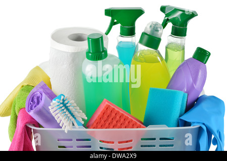 Close up of cleaning products and supplies in a basket. Cleaners, microfiber cloths, gloves in a basket isolated on white. Stock Photo