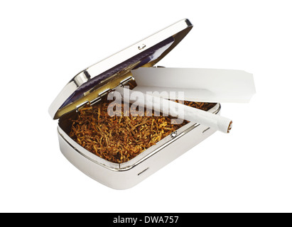 Snuffbox, tobacco and hand rolled cigarettes isolated on white background Stock Photo