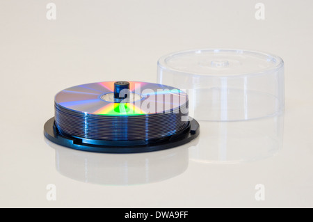 Spindle of DVD or CD discs with clear lid off Stock Photo