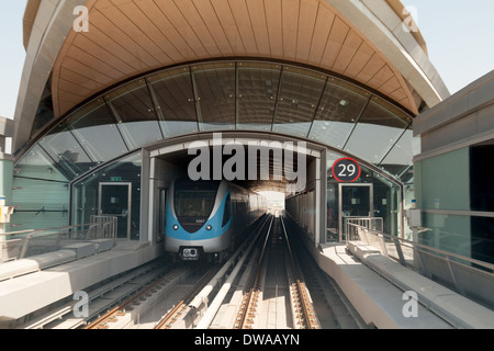 Train in the Noor Islamic Bank station, Dubai Metro transport system, Dubai, UAE, united Arab Emirates Middle East Stock Photo