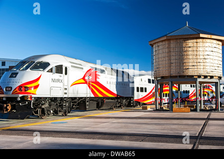 Rail Runner Express leaving Santa Fe Depot, Santa Fe, New Mexico USA Stock Photo