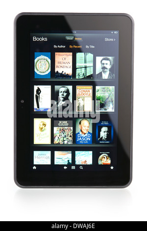 Kindle Fire HD 8.9, displaying the Titles, Book Covers on the device purchased from Amazon Store Stock Photo
