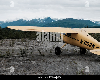 Yellow Cessna 120 single engine bush plane parked on a sandy strip in the backcountry Stock Photo