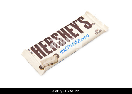 Bar of Hershey's  cookies 'n' creme chocolate  isolated on a white studio background. Stock Photo