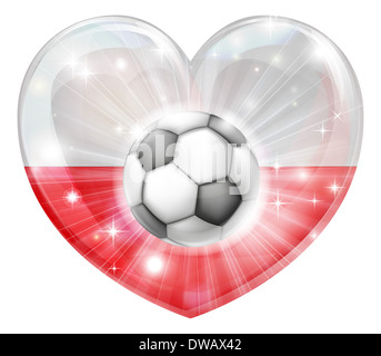 Poland soccer football ball flag love heart concept with the Polish flag in a heart shape and a soccer ball flying out Stock Photo