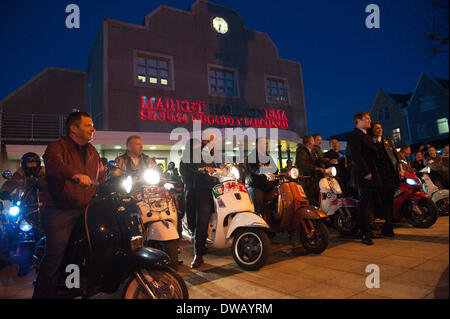 Brynmawr, Baenau Gwent, Wales, UK. 4th March 2014. Jonny Owen & Vicky McClure with classic motor scooter enthusiasts at the premiere. Merthyr Tydfil’s very own Jonny Owen premieres his latest film SVENGALI, co-starring Vicky McClure, which was shot on location in the Welsh mining valleys. The premiere is held at the oldest independent cinema in Wales – The Market Hall Cinema in Brynmawr. Credit:  Graham M. Lawrence/Alamy Live News. Stock Photo